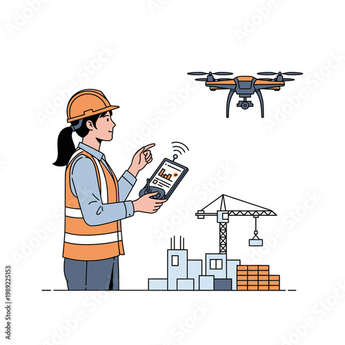 Female Engineer Using Drone for Site Inspection and Construction Management - Smart Technology in Building Industry Vector Illustration