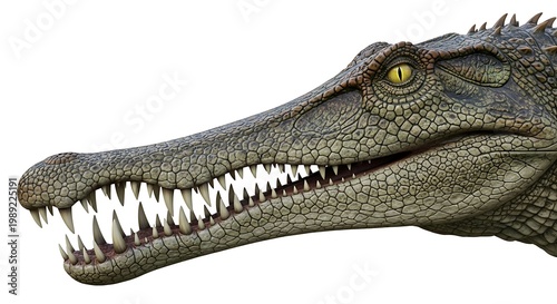Close-up side profile of a crocodile's head with sharp teeth and scaly skin against a clean white background.