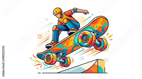 Teenager Riding Skateboard Down Ramp.