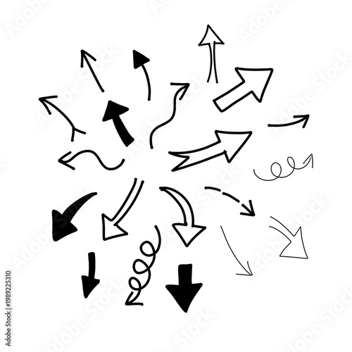 hand drawn arrows in doodle sketch style, featuring a variety of shapes including curved, straight, and directional pointers. Perfect for infographics, web design, user interface elements, social medi
