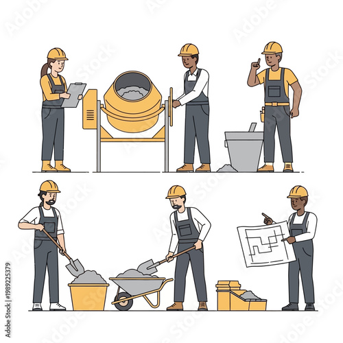 Construction Workers and Builders Character Set with Cement Mixer, Wheelbarrow, and Blueprints for Industrial Projects