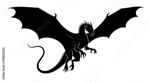 Black silhouette of a dragon flying.