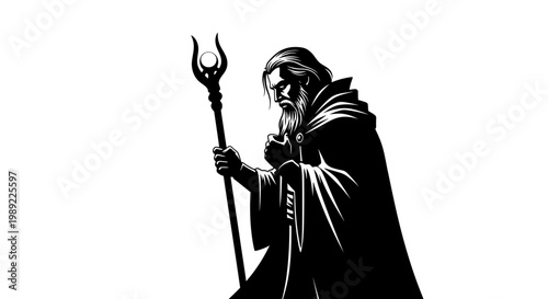 Old wizard with long beard holding staff.