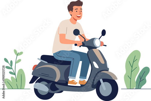 Man riding scooter through green plants on a sunny day outdoors