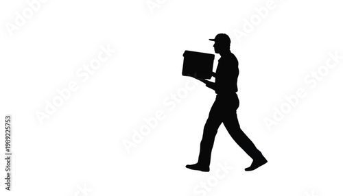 Courier walks forward while holding a cardboard package to demonstrate the process of professional parcel delivery service within an efficient logistics and supply chain distribution network.