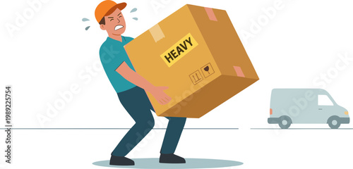 A man struggles to carry a heavy box while a van drives by on the road.