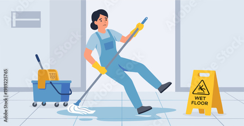 A janitor is mopping the floor with a caution sign nearby indoors.