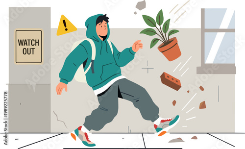 A man runs away from a falling potted plant and debris on a city sidewalk.