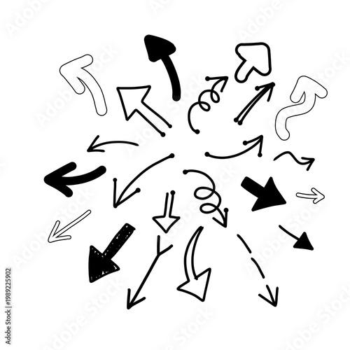 hand drawn arrows in doodle sketch style, featuring a variety of shapes including curved, straight, and directional pointers. Perfect for infographics, web design, user interface elements, social medi