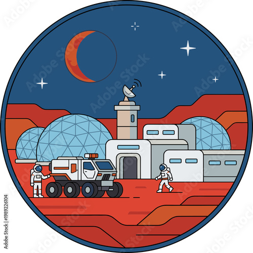 Astronauts Explore Martian Base with Vehicle and Domes Under Starry Sky