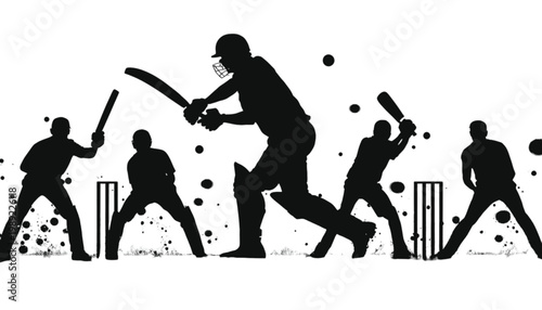 Cricketers participate in a professional match as the batter swings his wooden bat to hit the ball while fielders stand ready on the pitch during this exciting and competitive sporting event.