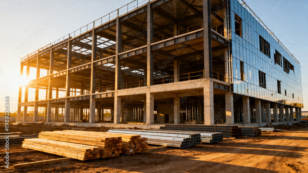 Fototapeta premium Modern industrial building construction with steel frame and glass exterior under a golden sunset