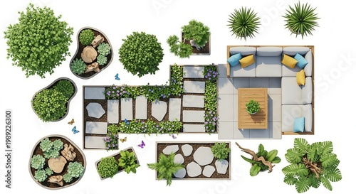 Modern patio garden layout with sectional sofa coffee table planters stone pathway and greenery