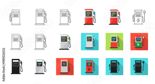 Set of modern and retro gas station pumps, vector icons