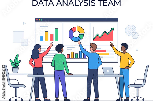 Business team analyzing data charts in a meeting room with coworkers