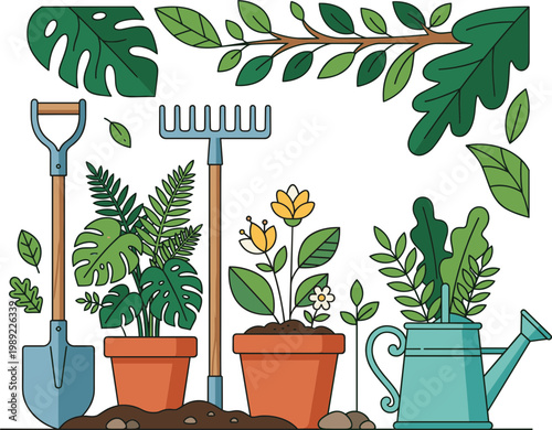 Gardening tools and plants in pots on soil with leaves and flowers in a natural setting outdoors