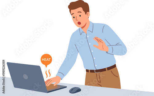 Man experiencing laptop overheating while working at office desk indoors