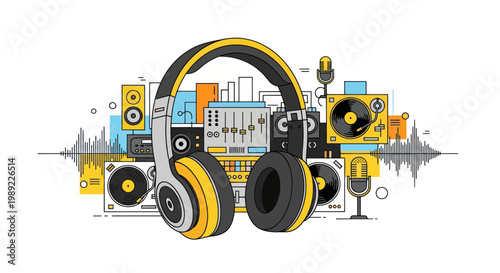 Modern Music Production Equipment and Headphones, Sound Wave Illustration