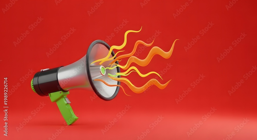Naklejka premium Fiery announcement a megaphone emitting flames on a red background