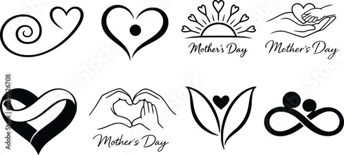 Mother's Day vector icon set, black minimalist heart illustrations, elegant hand drawn line art for family love and maternal celebration