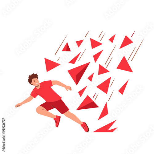 Man runs from multiple flying red triangles in chaotic motion