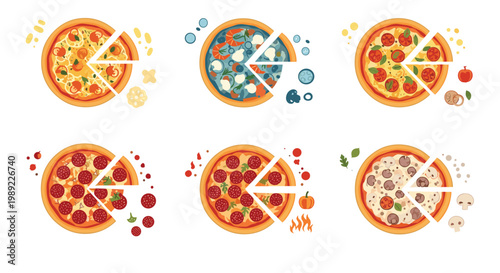Set of six different pizzas with a missing slice surrounded by ingredients on a white background including pepperoni and seafood.