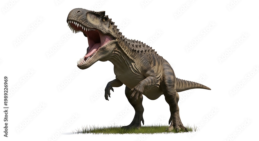 Fototapeta premium A powerful, realistic 3D rendering of a large carnivorous dinosaur roaring with its mouth wide open, standing on grass against a white background.