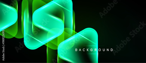 Abstract neon shapes overlap dark background. Vibrant green hues create modern visual effect. Minimalist design, dynamic composition.
