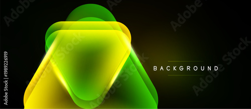 Abstract neon shapes overlap creating vibrant glow effect. Dark background emphasizes bright colors, modern design element.