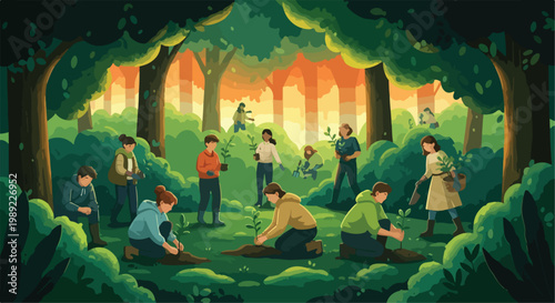 Environmental reforestation vector illustration, community volunteers planting trees in a lush green forest, sustainable ecology and nature conservation concept