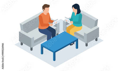Isometric People Using Tablets Sitting on Sofas in Living Room