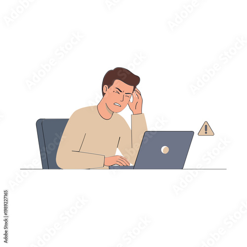 Man sitting at desk frustrated with laptop showing error