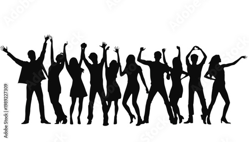 People silhouettes stand together in a group with arms raised in a gesture of celebration and joy against a plain white background which provides ample room for adding custom text or design elements.