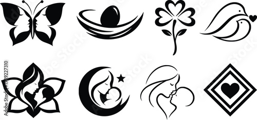 Minimalist mother and child logo set, 8 black vector icons for motherhood and family branding, elegant feminine silhouettes and nature symbols