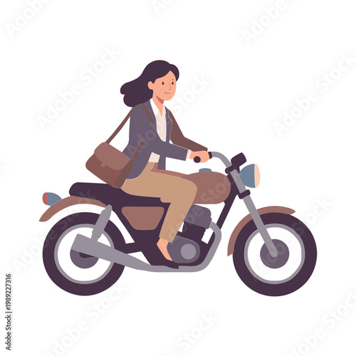 A woman rides a motorcycle through city streets with a bag