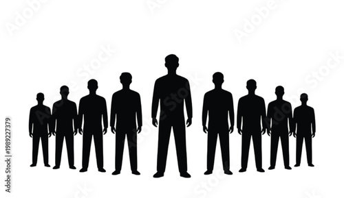 Leadership concept silhouette scene featuring one person standing ahead of group guiding direction vision focus and authority composition for business and motivational presentation use