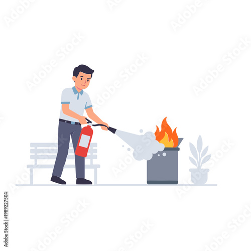 Man using fire extinguisher on burning trash can outdoors