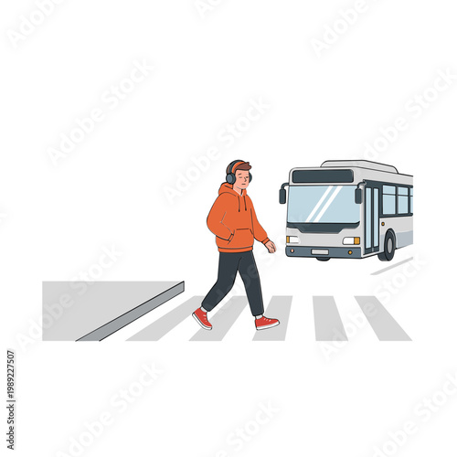 Man crossing street with bus approaching on urban road