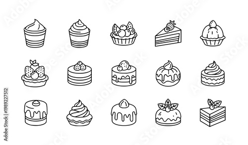 Hand drawn mini cakes and petit fours doodle icon set vector with mousse tarts chocolate desserts and cream sweets