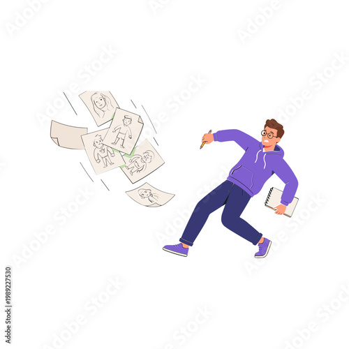A man runs quickly while papers fly around him in disarray.