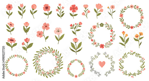 Collection of delicate hand drawn floral elements including pink flowers green branches and round wreaths for elegant decorative design.