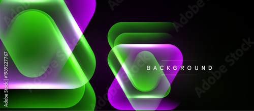 Abstract geometric shapes overlap, creating vibrant green, purple gradients. Dark background emphasizes glowing effect. Modern design element.
