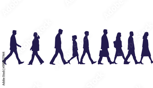 Business people walk across a horizontal plane to symbolize the daily commute of professionals moving toward their workplace goals within a modern corporate environment that features ample copy space.