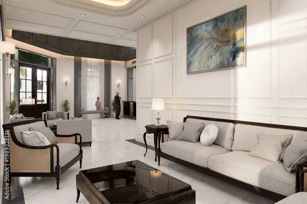 Fototapeta premium 3D Rendering interior design Luxurious hotel reception area, white marble flooring, and classic European-inspired decor, creating a refined and welcoming atmosphere.