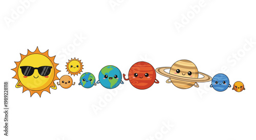 Playful cartoon solar system showing the sun wearing sunglasses and planets with smiling faces arranged in a row on a white background.