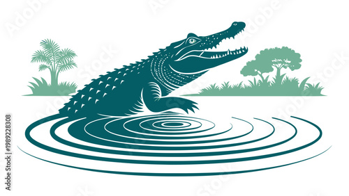 A vector graphic illustration of a crocodile in a swampy environment silhouette