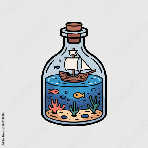 Ship in a Bottle with Fish Coral Seaweed