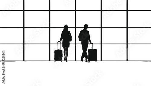 Travelers walk through an airport terminal with their luggage as a silhouette against the large glass windows representing global mobility and business trips.