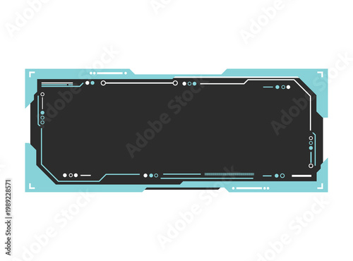 Futuristic HUD frame featuring neon cyan accents on a dark gray background. This high-tech digital border includes geometric shapes and abstract tech elements, perfect for sci-fi gaming interfaces.