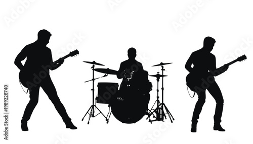 Musicians playing instruments are captured in a black silhouette composition on a white background to illustrate a rock band performance featuring guitarists and a drummer in a musical ensemble.